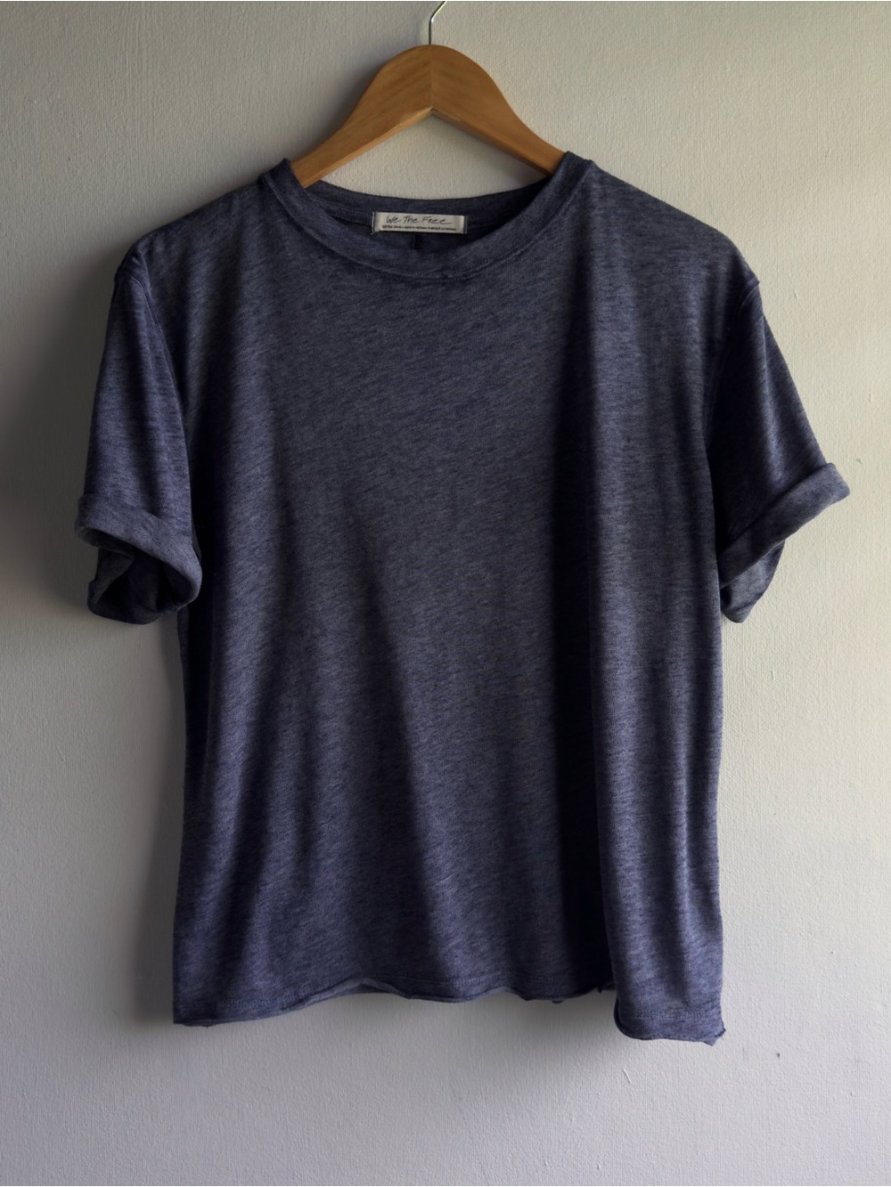 We The Free (Free People) Heathered Blue Cuffed Sleeve Raw Hem Tee Shirt XS